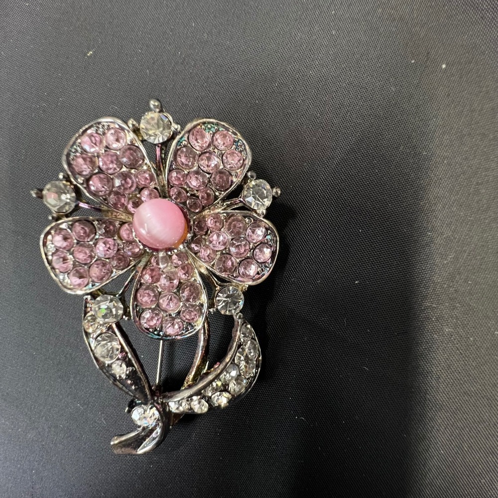 Pink Rhinestone Flower Brooch Faux Cats Eye Coquette Cottagecore Shabby Chic